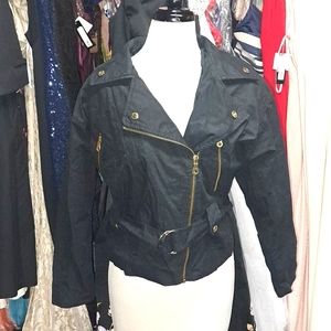 Black Andrew Marc New York fully lined moto style belted Jacket sz XS